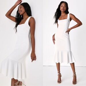 NWT‎ LULUS Square Neck Sleeveless Ruffle Hem Trumpet Skirt Midi Sheath Dress L